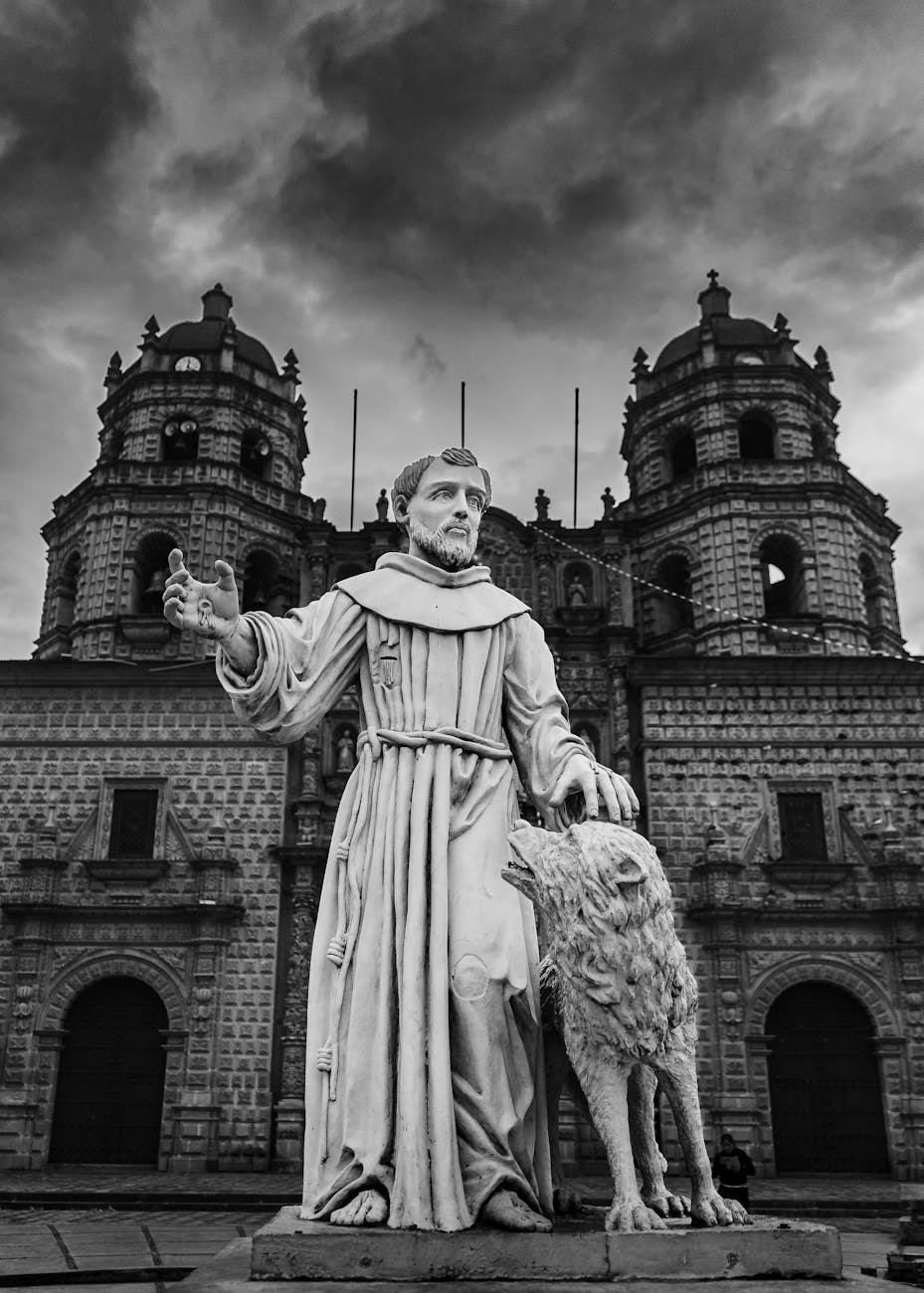 the statue and church of saint francis of assisi in cajamarca peru