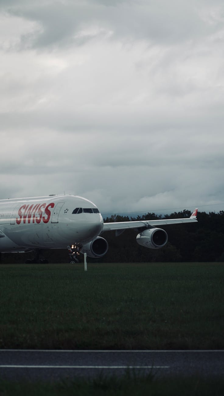 swiss airlines airplane on runway before takeoff