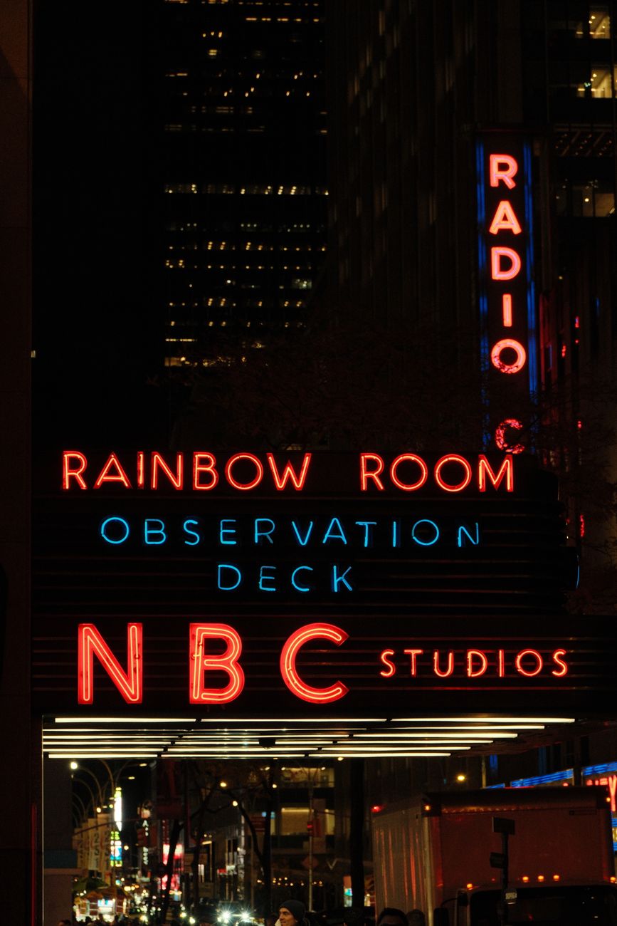 iconic nbc studios neon sign in new york city